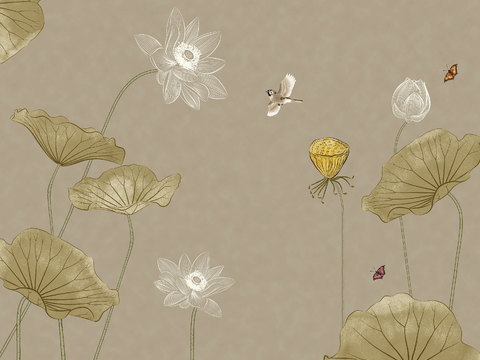  中式新中式花鸟植物壁纸壁画 