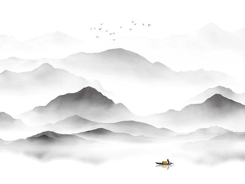 中式山水水墨画壁纸壁画装饰画