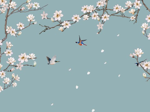  中式新中式花鸟植物壁纸壁画 