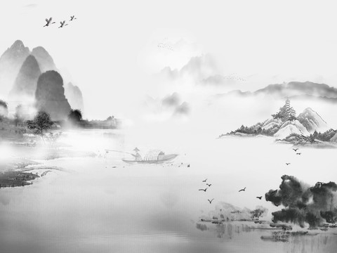 中式山水水墨画壁纸壁画装饰画