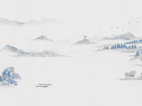 中式山水水墨画壁纸壁画装饰画