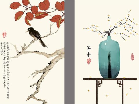  中式新中式花鸟壁纸壁画装饰画 