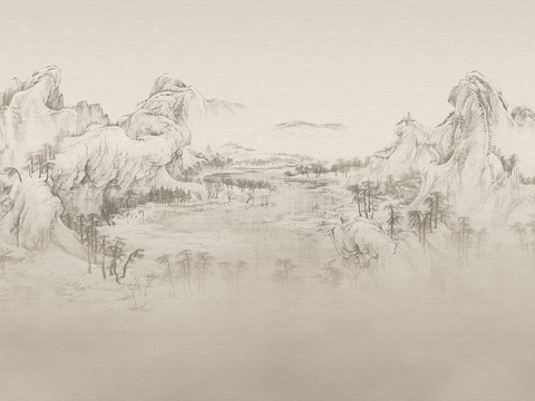 高清中式新中式山水画壁纸壁画装饰画