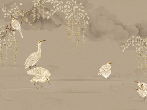 中式新中式花鸟植物壁纸壁画