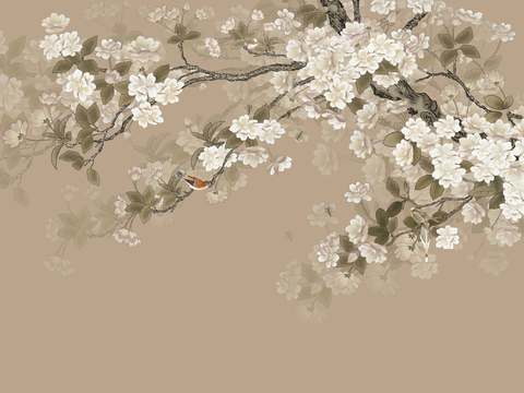  中式新中式花鸟植物壁纸壁画 