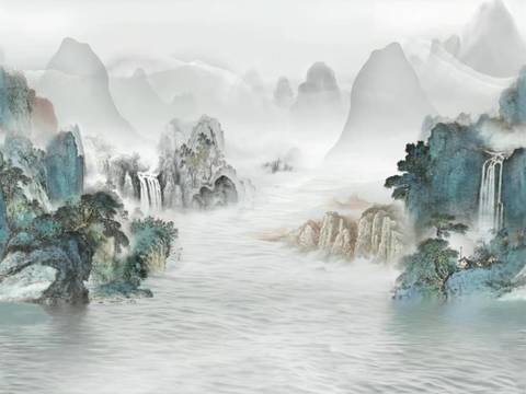 中式新中式山水画壁纸壁画装饰画