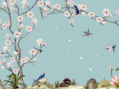  中式新中式花鸟植物壁纸壁画 