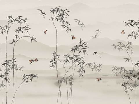  中式新中式花鸟植物壁纸壁画 