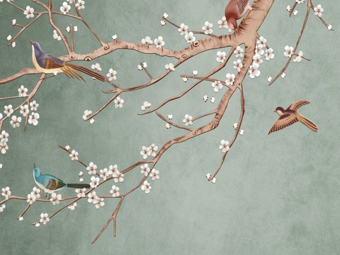 中式新中式花鸟植物壁纸壁画