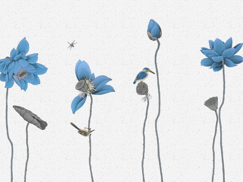 中式新中式花鸟植物壁纸壁画装饰画