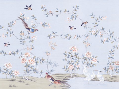 中式新中式花鸟植物壁纸壁画