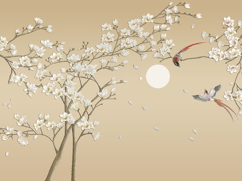 中式新中式花鸟植物壁纸壁画