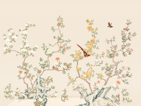 中式新中式花鸟植物壁纸壁画