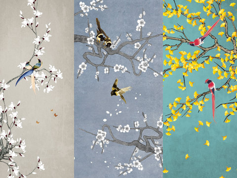 中式新中式花鸟植物壁纸壁画