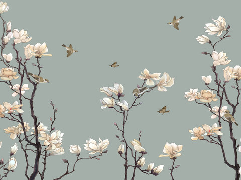  中式新中式花鸟植物壁纸壁画 