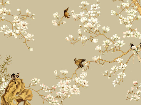  中式新中式花鸟植物壁纸壁画 