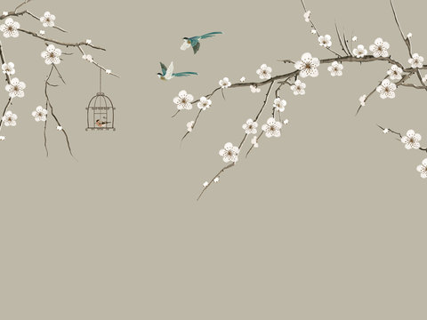 中式新中式花鸟植物壁纸壁画