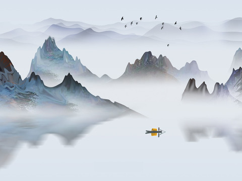 中式新中式山水画壁纸壁画装饰画