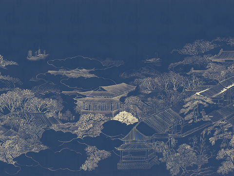 中式新中式山水楼阁意境壁纸壁画 装饰画