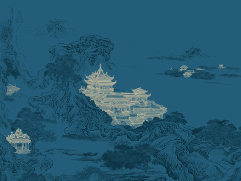 中式新中式山水楼阁意境壁纸壁画 装饰画