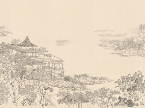 中式新中式山水楼阁意境壁纸壁画 装饰画