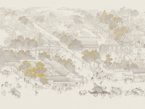 中式新中式山水楼阁意境壁纸壁画 装饰画