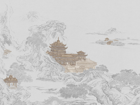 中式新中式山水楼阁意境壁纸壁画 装饰画