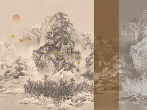  中式新中式山水画壁纸壁画装饰画 
