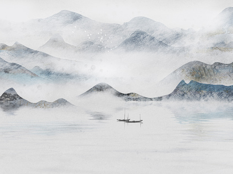  中式新中式山水画壁纸壁画装饰画 