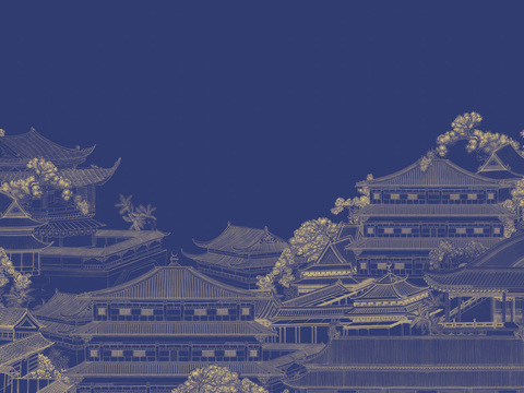 中式新中式山水楼阁意境壁纸壁画 装饰画