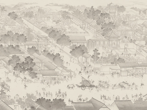 中式新中式山水楼阁意境壁纸壁画 装饰画