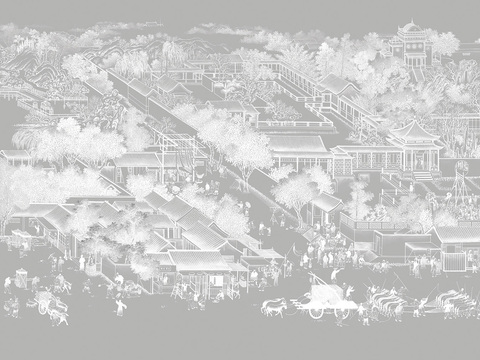 中式新中式山水楼阁意境壁纸壁画 装饰画