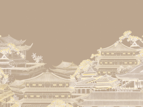 中式新中式山水楼阁意境壁纸壁画 装饰画