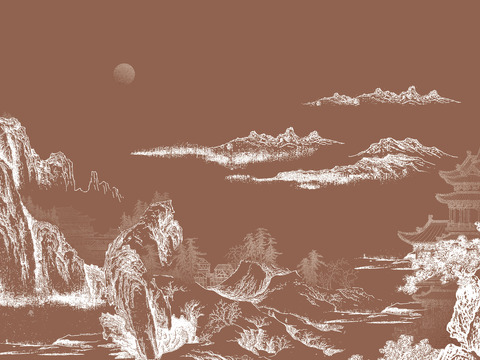 中式新中式山水楼阁意境壁纸壁画 装饰画