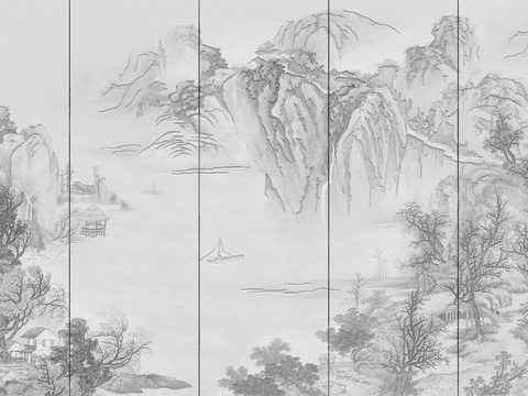  中式新中式山水意境壁纸壁画 山水硬包装饰画 