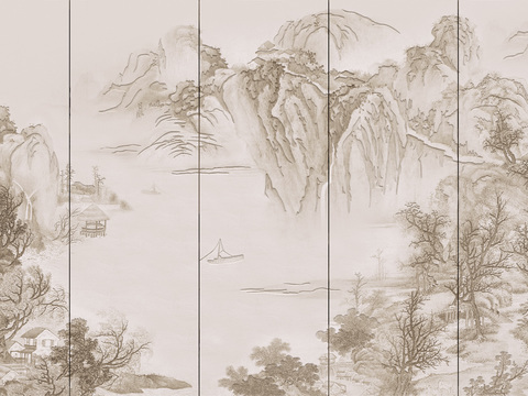 中式新中式山水意境壁纸壁画 山水硬包装饰画 