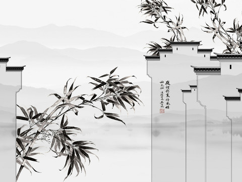 中式新中式水墨江南建筑壁纸壁画装饰画
