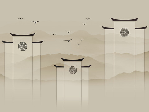 中式新中式水墨江南建筑壁纸壁画装饰画