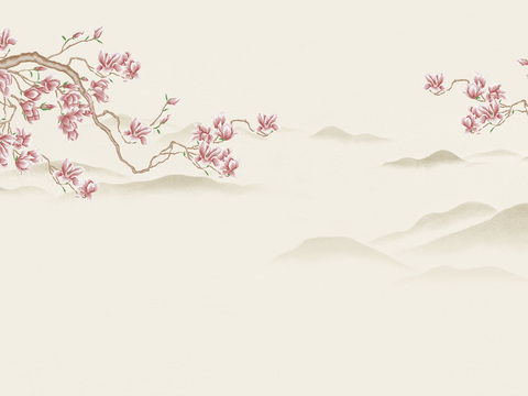 中式新中式植物花枝意境壁纸壁画