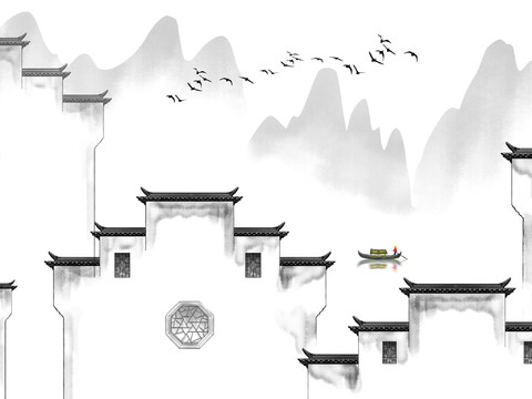 中式新中式水墨江南建筑壁纸壁画装饰画