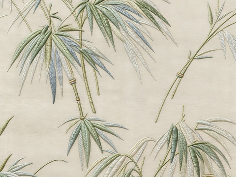 现代新中式花纹布纹_东方青色竹叶刺绣_壁纸屏风挂画贴图