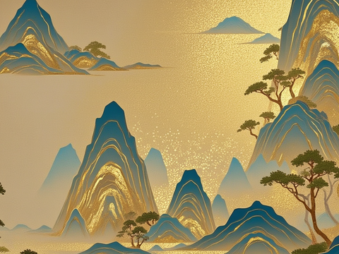 新中式民俗风景装饰画 金色风景画