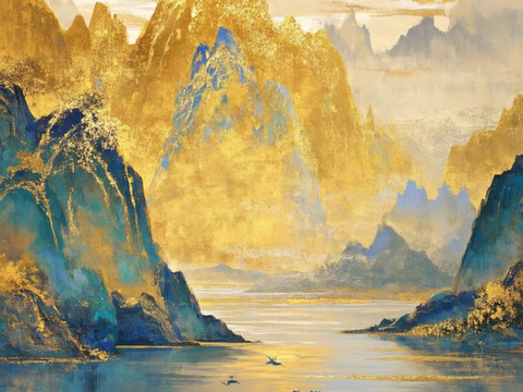 新中式民俗风景装饰画 金色风景画