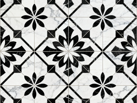 花砖 黑白石材拼花 花卉几何图案水刀石材拼花地砖 石材马赛克