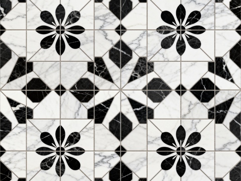 花砖 黑白石材拼花 花卉几何图案水刀石材拼花地砖 石材马赛克