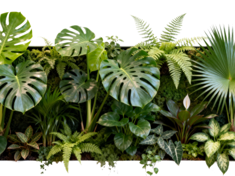  免抠植物花草 自然植物墙组合  热带植物墙造景 龟背竹叶蕨 