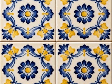  田园风 蓝黄米白色花砖 蓝黄手绘艺术花砖 工艺砖 