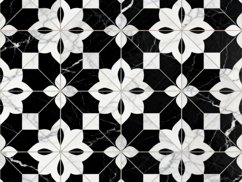 花砖 黑白石材拼花 花卉几何图案水刀石材拼花地砖 石材马赛克