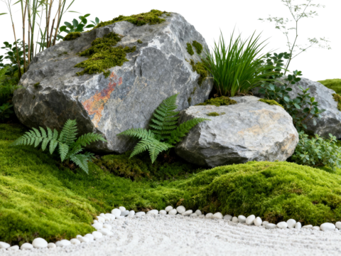  免抠植物花草 自然石景植物组合 苔藓 