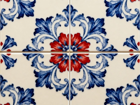 诧寂风工业风蓝红白色石材拼花 花卉图案水切刀拼花石材